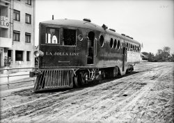 Circa 1910. "Los Angeles & San Diego Beach Railway -- Gasoline motor car running from San Diego to La Jolla, California." A McKeen Motor Car at the Hotel Cabrillo in La Jolla. 5x7 glass negative, Detroit Publishing Co. View full size.