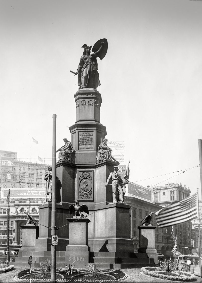 Detroit circa 1924. "Michigan Soldiers' and Sailors' Monument, Cadillac Square." Also: "Don't Jay Walk -- Stay Safe." 5x7 inch glass negative, Detroit Photographic Company. View full size.
