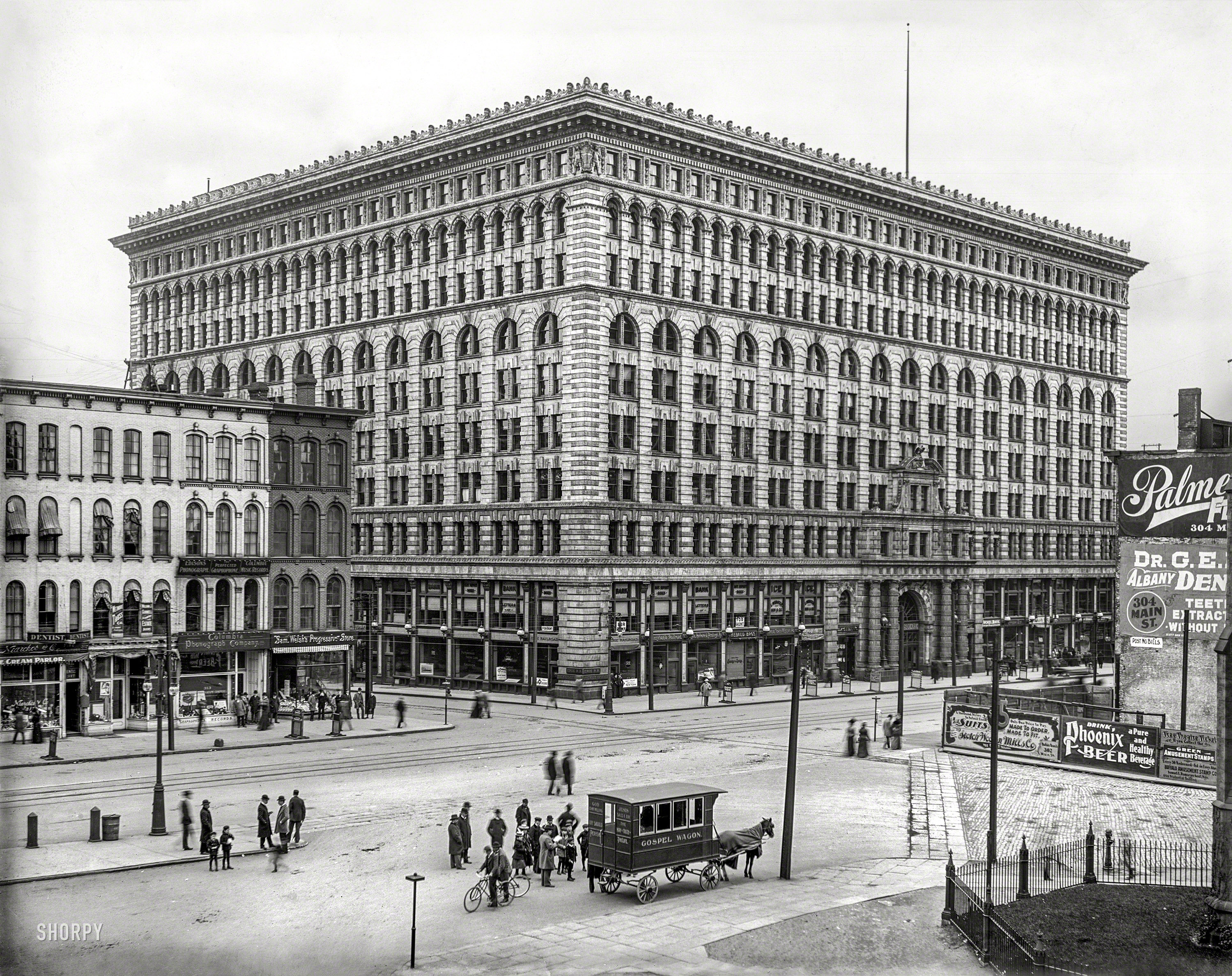 Buffalo, N.Y., circa 1900. "Ellicott Square Building." At the time of its completion 1896, the largest office building in the world. Our title for this post comes from lower down (and higher up). 8x10 inch glass negative. View full size.