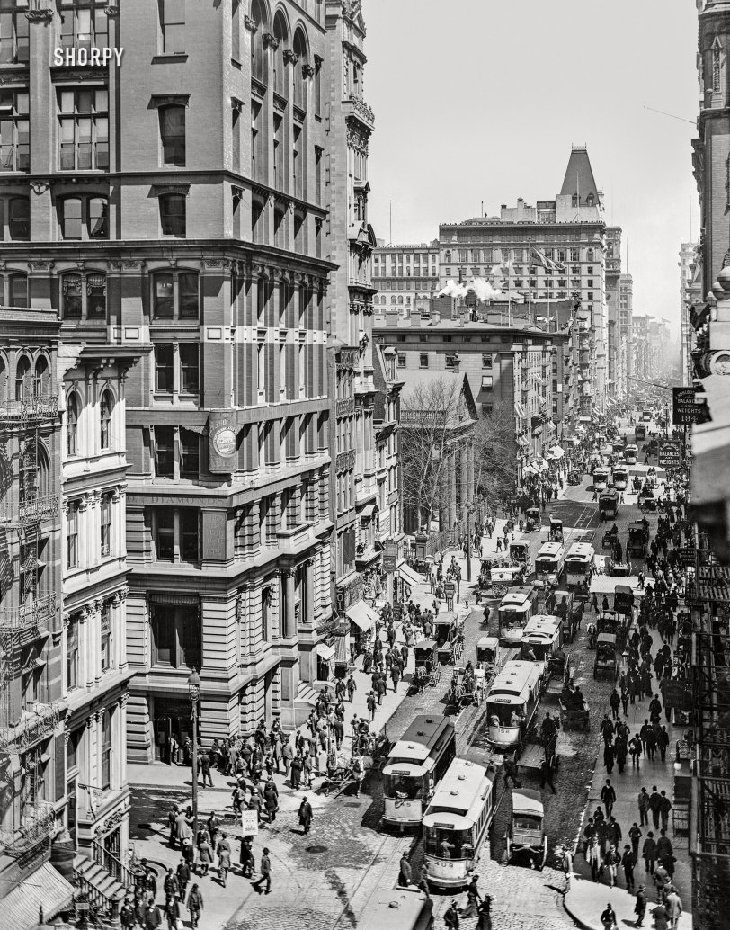 New York, 1900. "Broadway looking north from Dey Street." Rising at left, the Western Union Telegraph Building. 8x10 inch glass negative, Detroit Photographic Company. View full size.
