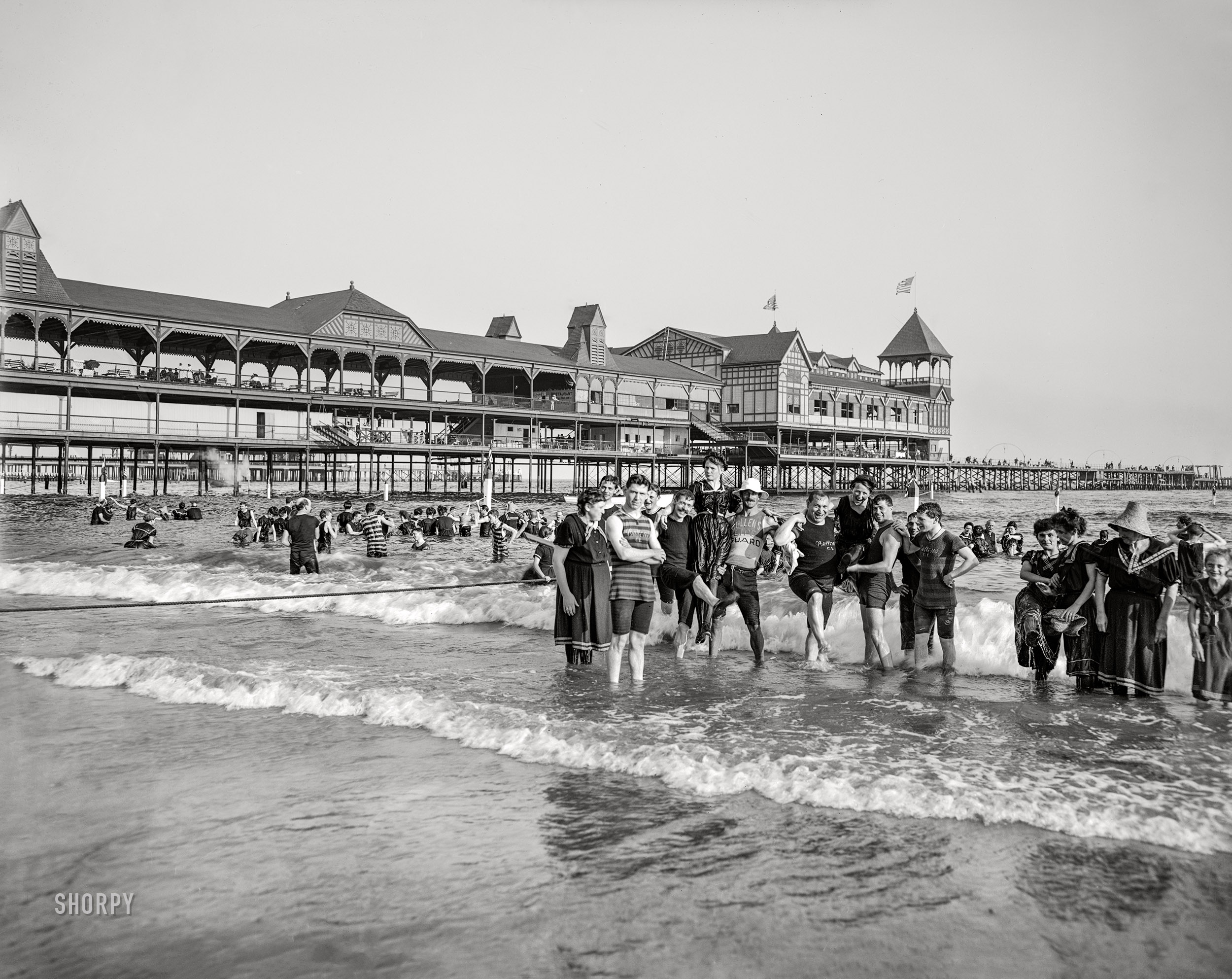 1903. "Bathers and the Iron Pier -- West Brighton Beach, Coney Island, N.Y." 8x10 inch dry plate glass negative, Detroit Photographic Company. View full size.