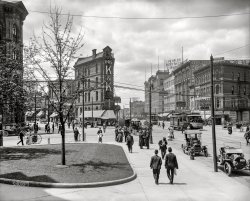 Detroit, 1910. "Michigan Avenue at Griswold Street and Lafayette Boulevard." Where Drs. Kennedy & Kergan's giant electrified sign advertises their MEN CURE. And, across the street, we have Stereopticons and Reflectoscopes. 8x10 inch glass negative. View full size.
