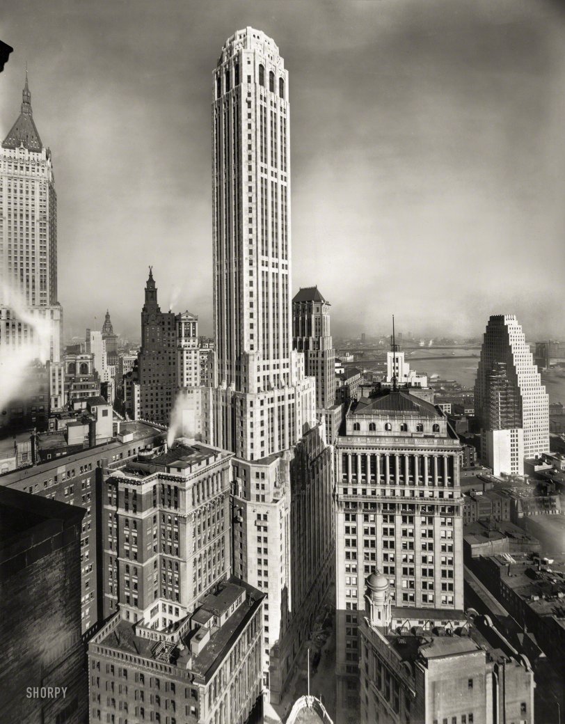 New York, 1931. "City Bank-Farmers Trust Building, William &amp; Beaver streets. Cross &amp; Cross, architects." 11x13 gelatin silver print by Irving Underhill. View full size.
