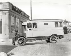 From circa 1920 comes this uncaptioned view of an early motor home taking on water at the Federal Truck agency in San Francisco. 8x10 inch nitrate negative formerly of the Marilyn Blaisdell and Wyland Stanley collections. View full size.