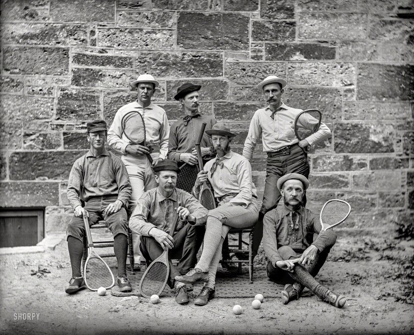 Boston circa 1895. "Seven lawn tennis players posed outdoors holding tennis racquets." 8x10 glass negative by Charles Henry Currier. View full size.
