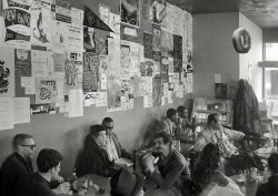 April 1958. "The 'Beatnik' community of San Francisco's North Beach district, socializing at a local coffee house and bagel shop." (The Co-Existence Bagel Shop at Grant Avenue and Green Street.) Photo by Cal Bernstein for the Look magazine article "The Bored, the Bearded and the Beat." View full size.