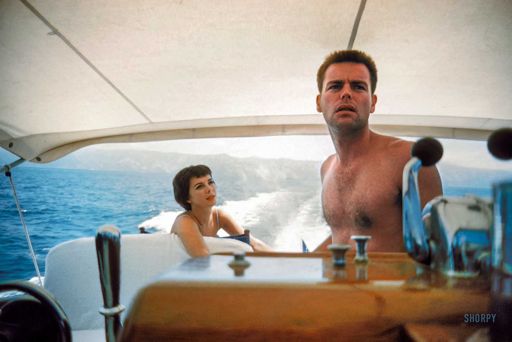 July 1958. "Actors Natalie Wood and Robert Wagner onboard their yacht off the California coast." 35mm Kodachrome from photos by Robert Vose for the Look magazine assignment "Natalie Wood: Beauty and Violence." View full size.