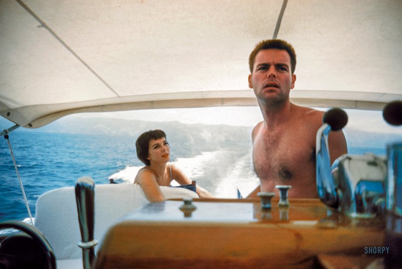 July 1958. "Actors Natalie Wood and Robert Wagner onboard their yacht off the California coast." 35mm Kodachrome from photos by Robert Vose for the Look magazine assignment "Natalie Wood: Beauty and Violence." View full size.
