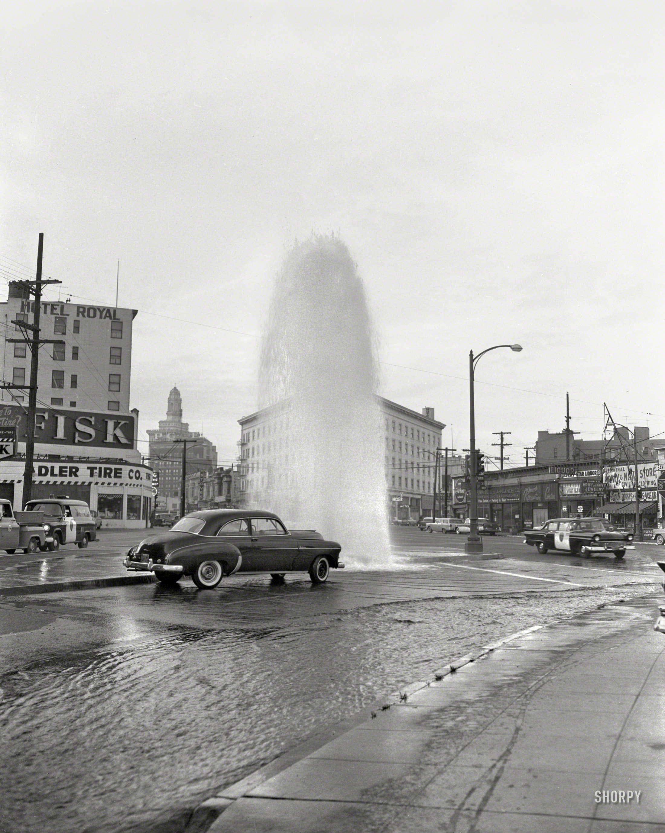Another Oakland water hazard, circa 1958. "Accident, San Pablo Avenue." 4x5 acetate negative from the News Archive. View full size.