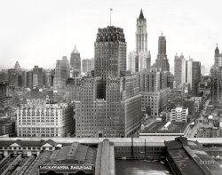 February 15, 1950. "N.Y. Telephone Co. headquarters and the World-Telegram building, from a helicopter." Photo by Al Ravenna for the New York World-Telegram & Sun. View full size.