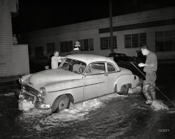 Meanwhile, back in circa-1958 Oakland: "Accident, 26th at Valdez." A sailor suddenly very much in his element exiting a Chevrolet with a flooded engine. 4x5 acetate negative from the Shorpy News Photo Archive. View full size.