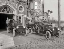 San Francisco, 1921. "Sonora Fire Dept. (Tuolumne County) REO trucks at Engine Company No. 15 firehouse, California Street." Our second look at No. 2 and our first look at No. 1. 6½ x 8½ inch glass negative. View full size.