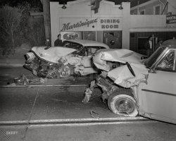 Oakland circa 1958. "Collision at Martinique restaurant." Two, smoking? Right this way. 4x5 acetate negative from the News Archive. View full size.