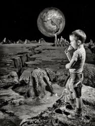 June 13, 1963. "Nonchalantly slurping his Earth-made ice cream cone, 5-year-old David Rowan appears awed with the eerie surroundings before him. The youngster was visiting the moon-like landscape of the space research laboratories at Republic Aviation in Farmingdale, Long Island, N.Y." United Press International Telephoto. View full size.