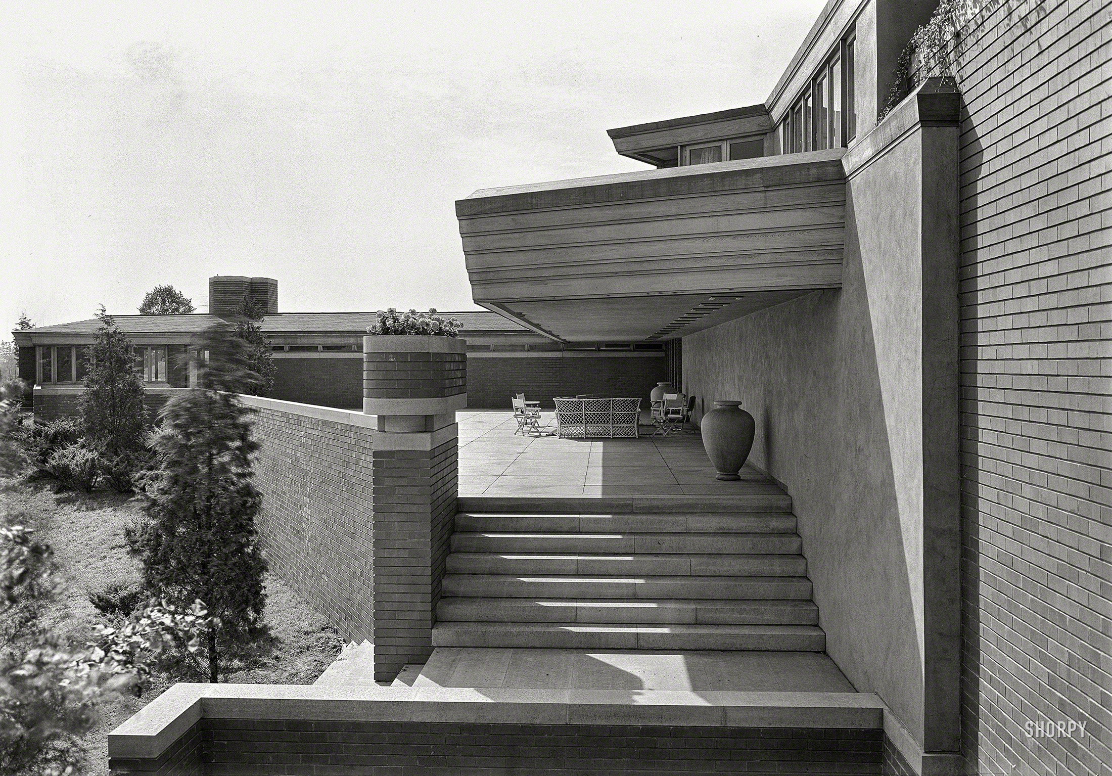 October 2, 1939. "Wingspread, Herbert F. Johnson Jr. residence in Racine, Wisconsin. Frank Lloyd Wright, architect. Angle view of terrace." The centerfold in this month's Progressive Patio. Gottscho-Schleisner photo. View full size.