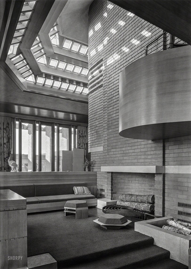 &nbsp; &nbsp; &nbsp; &nbsp; Which way to the Cinnabon?
Oct. 2, 1939. Continuing our theme of housing: "Wingspread -- Herbert F. Johnson Jr. residence in Racine, Wisconsin. Living room interior. Frank Lloyd Wright, architect." Large-format acetate negative by Gottscho-Schleisner. View full size.
