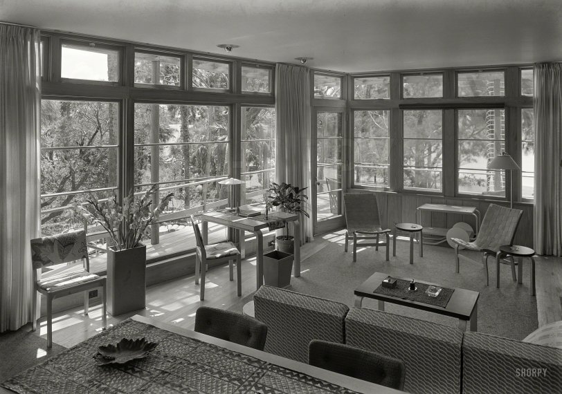 March 31, 1941. "Robert Glassford residence in Hobe Sound, Florida. Living room, to window. Alice Morgan Carson, architect; Van der Gracht & Kilham, associated architect." Large-format acetate negative by Gottscho-Schleisner. View full size.