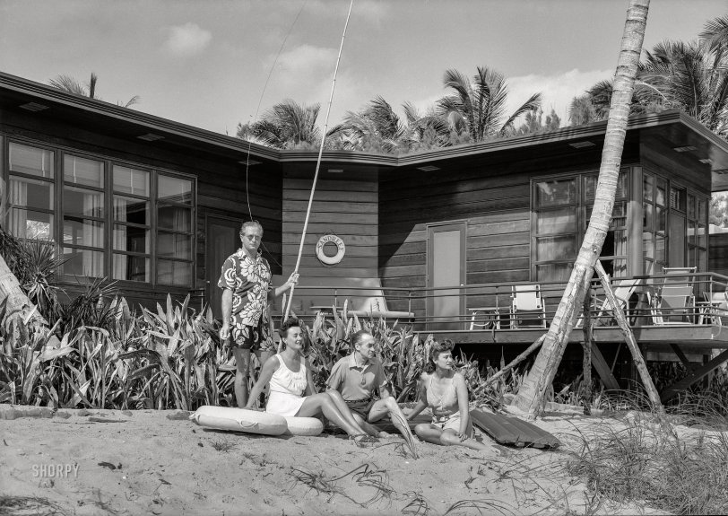 January 14, 1942. "Prince and Princess Alexis Zalstem-Zalessky, residence in Palm Beach, Florida. Miss Knoop, Mr. Wessel, Prince (standing) and Princess on beach. Treanor &amp; Fatio, architect." 5x7 inch acetate negative by Gottscho-Schleisner. View full size.
