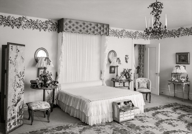 September 19, 1942. "William S. Paley, residence in Manhasset, Long Island. Mrs. Paley's bedroom, to bed." 5x7 acetate negative by Gottscho-Schleisner. View full size.
&nbsp; &nbsp; &nbsp; &nbsp; Dorothy Hearst Paley was sketched by Matisse, photographed by Cecil Beaton and Horst, listed as one of the world's best-dressed women and featured in Vogue and Harper's Bazaar. She decorated Kiluna Farm, the Paleys' 85-acre estate in Manhasset, with a saltwater pool and an indoor tennis court, lining the walls with their growing collection of Impressionist and Post-Impressionist paintings. Twenty-two servants looked after the house, gardens and greenhouse. (N.Y. Times)
