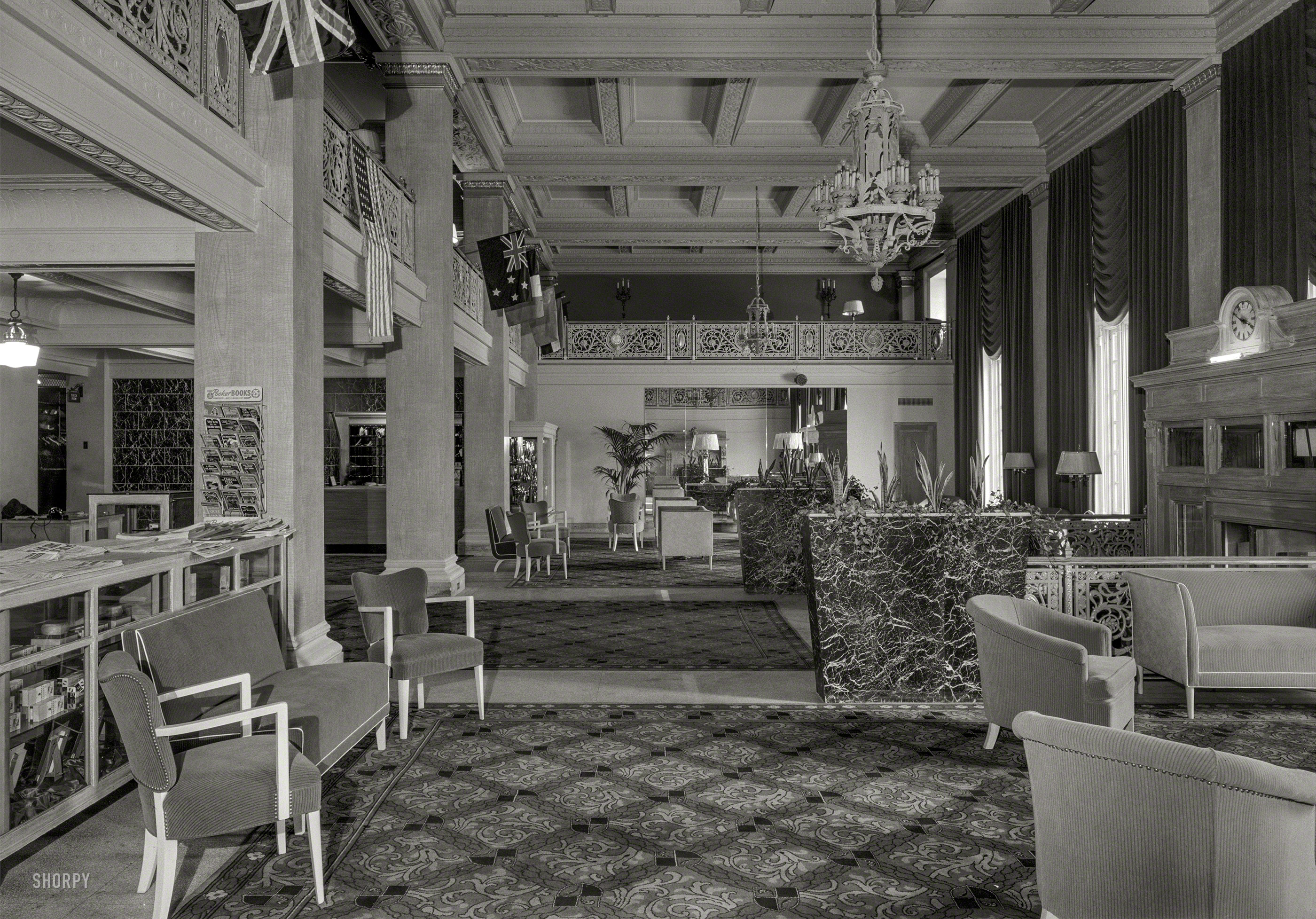 March 21, 1944. "Newark Athletic Club, Broad Street, Newark, New Jersey. Long shot of lobby. Morris Lapidus, architect." With a nice selection of 25-cent Pocket Books. Large-format acetate negative by Gottscho-Schleisner. View full size.
