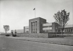 August 25, 1948. "Doubleday & Co. book publishing plant, Hanover, Pennsylvania. General view to front facade. Harrie T. Lindeberg, architect." Large-format acetate negative by Gottscho-Schleisner. View full size.
