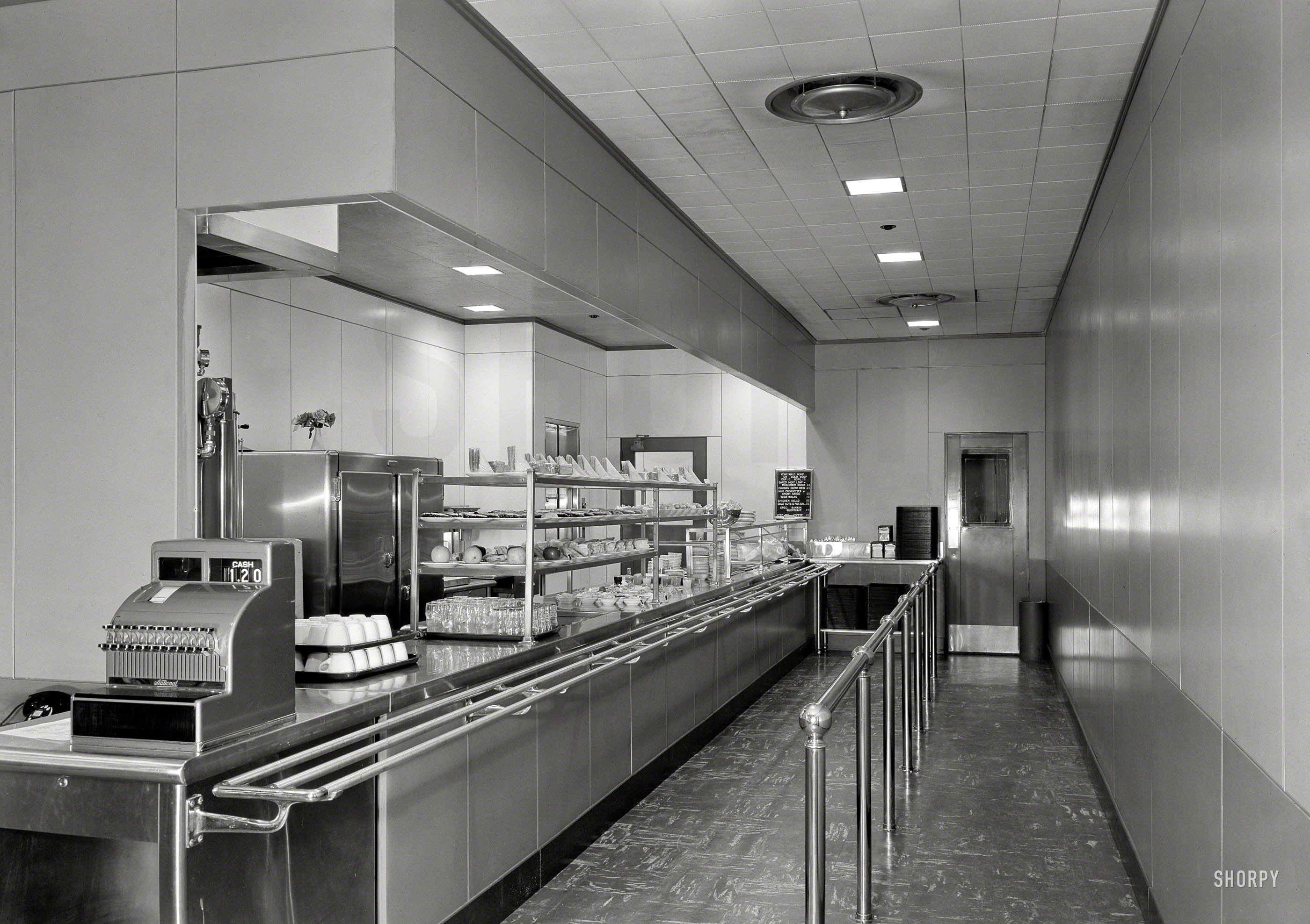 July 6, 1949. "Johns-Manville Research Laboratory, Finderne, N.J. Cafeteria II. Shreve, Lamb & Harmon, architect." Gottscho-Schleisner photo. View full size.