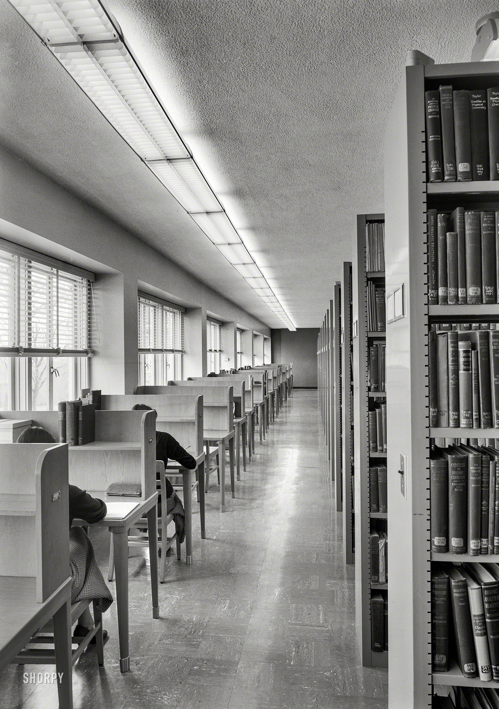 April 24, 1953. "Towson, Maryland. Goucher College, Library interior III. Moore & Hutchins, client." Acetate negative by Gottscho-Schleisner. View full size.