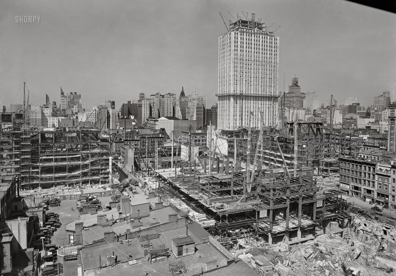 April 7, 1932. "New York city views. Radio City from the Goelet Building." The beginnings of the RCA Building ("30 Rock"), with the almost-completed RKO Building as  backdrop, amid the Midtown Manhattan construction project, known early on as Radio City, that would become Rockefeller Center. 5x7 inch acetate negative by Gottscho-Schleisner. View full size.