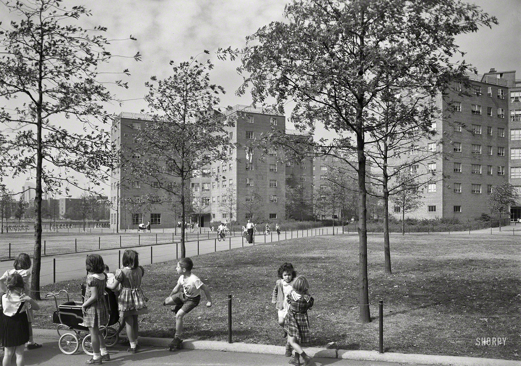 Sept. 22, 1951. "New York City Housing Authority. Astoria Houses, Queens. Exterior, East River park  with children. Clarke, Rapuano & Holleran, landscape architects." 5x7 nitrate negative by Gottscho-Schleisner. View full size.