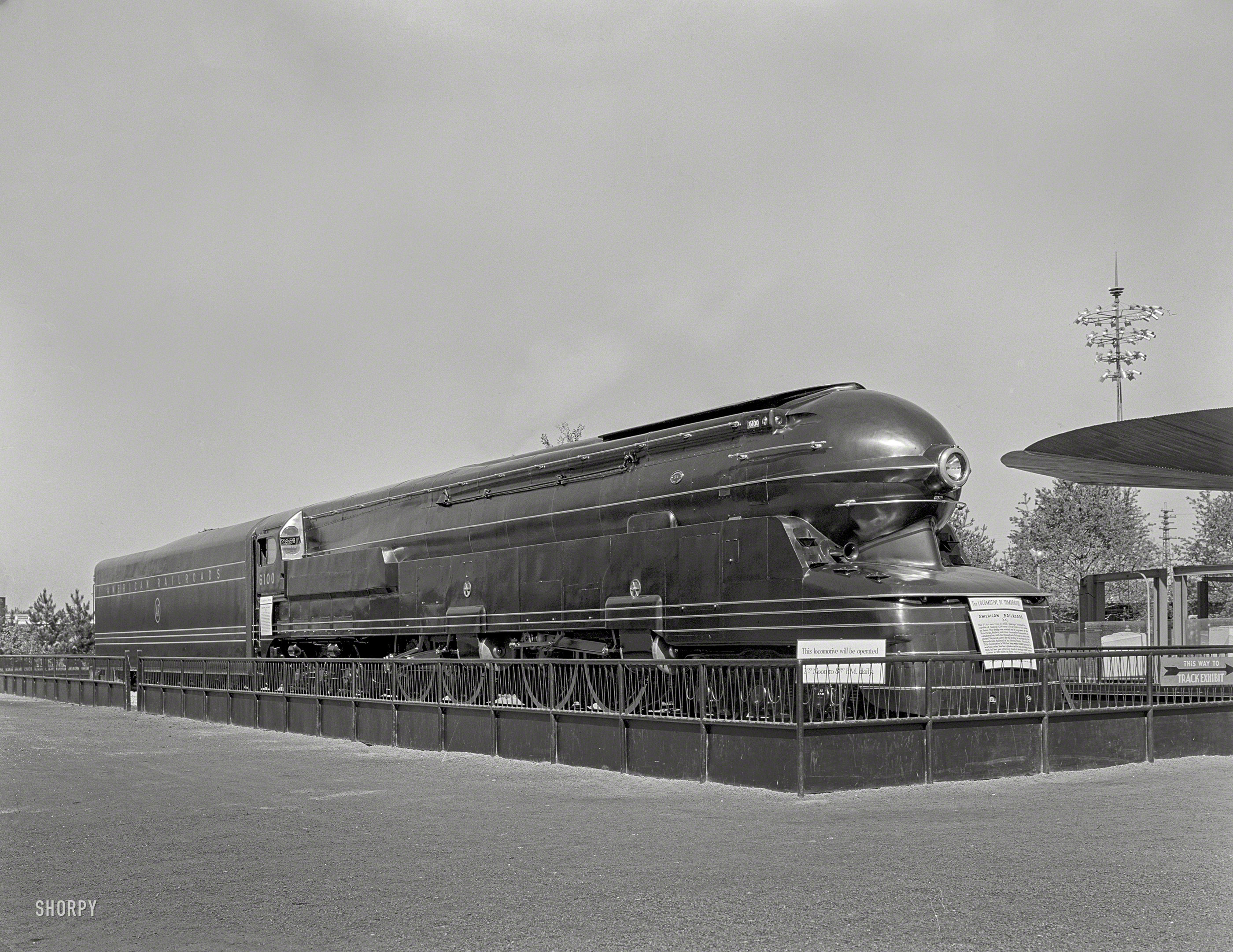 July 19, 1939. "New York World's Fair, railroad exhibit locomotives. Locomotive of Tomorrow, general view." Up next: The Caboose of Next Wednesday. Large-format acetate negative by Gottscho-Schleisner. View full size.