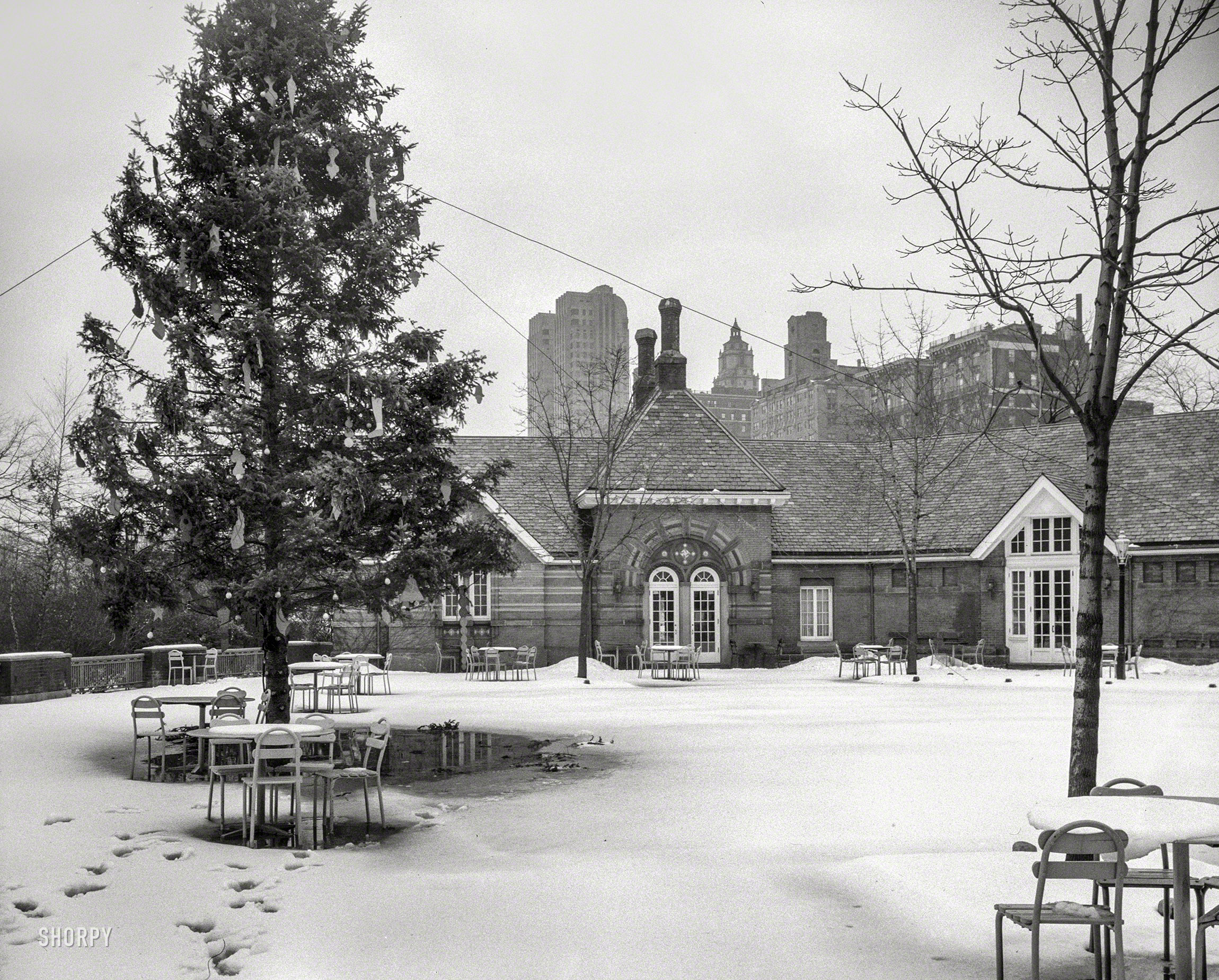 January 5, 1944. "Tavern on the Green, Central Park, New York City. Christmas exterior. Arthur Schleifer, client." The former sheepfold, recently (April 2014) reopened under new management. Gottscho-Schleisner photo. View full size.