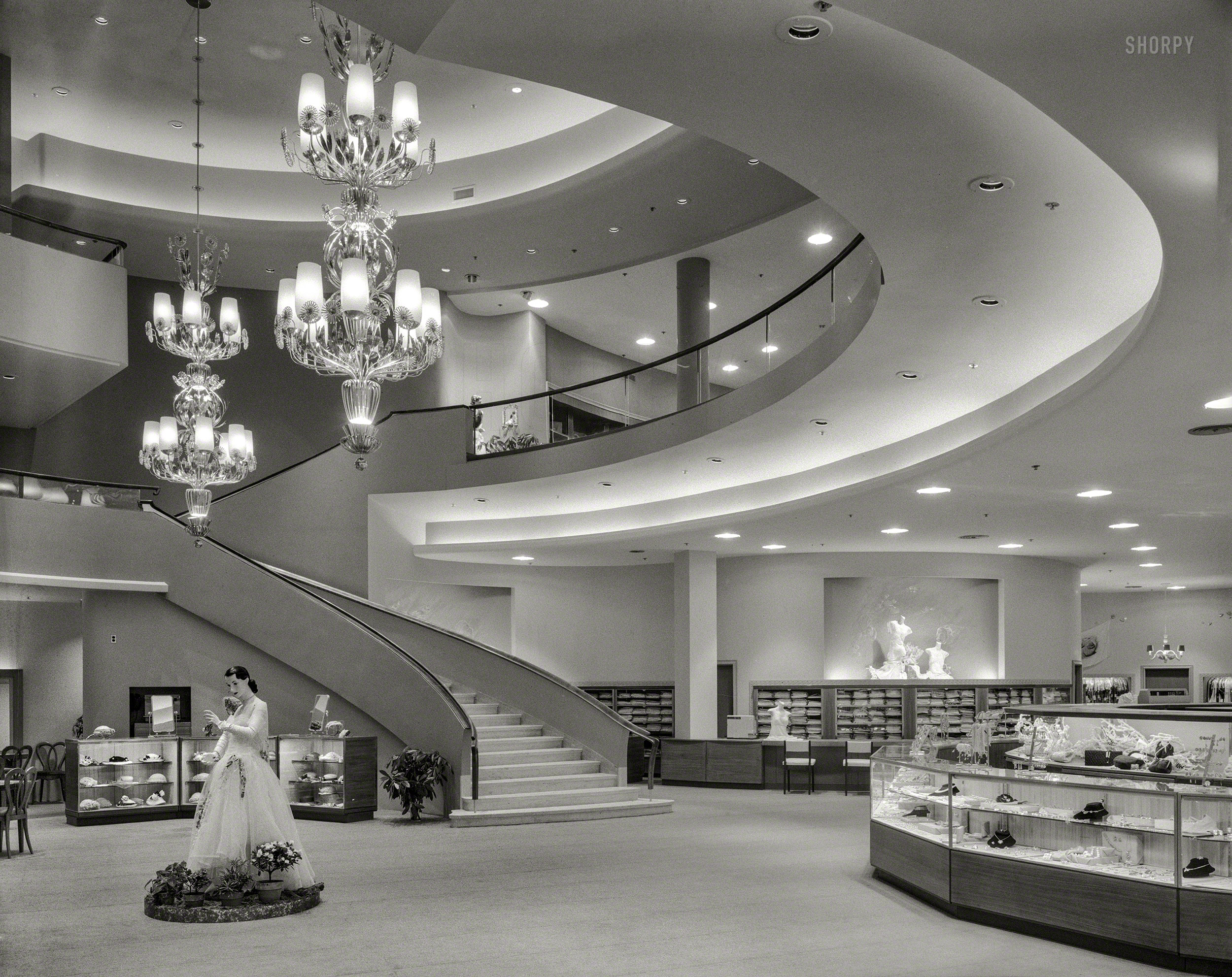 February 16, 1951. "Hahne & Co. department store in Montclair, New Jersey. Staircase II. Fellheimer & Wagner, client." 4x5 acetate negative. View full size.