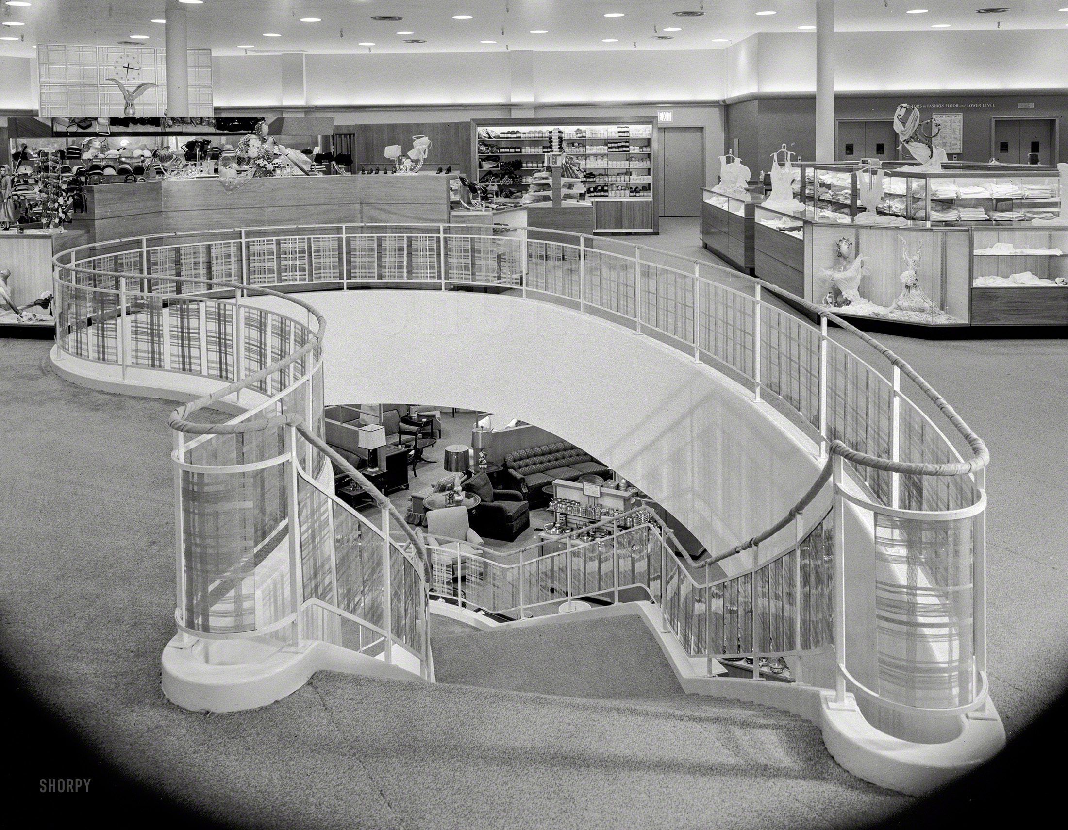 May 17, 1951. "John Wanamaker, Great Neck, Long Island. Staircase I." Two departments of this New York department store; we wonder if Alice and Trixie ever ventured out this far. 4x5 negative by Gottscho-Schleisner. View full size.