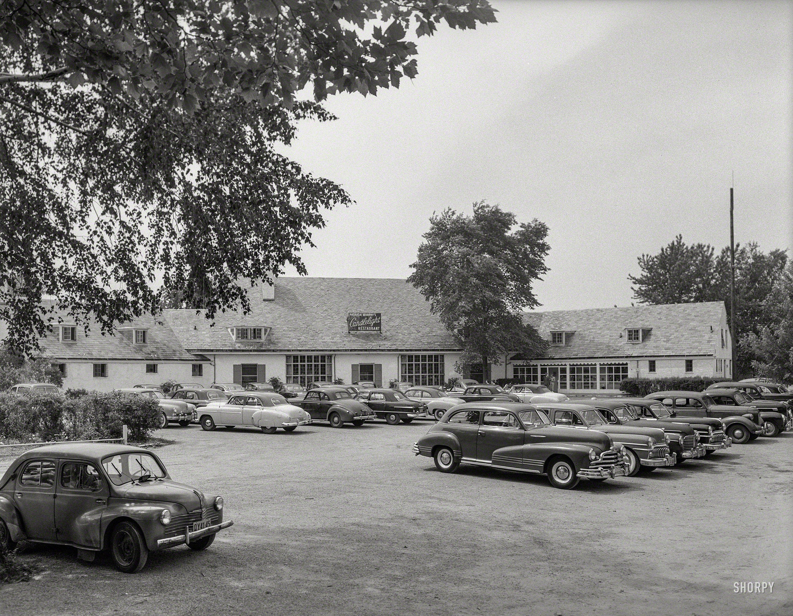 May 26, 1951. "Patricia Murphy's Candlelight Restaurant, Manhasset, Long Island, New York. Exterior, with autos." Nonconformists will please park to the left. Large-format acetate negative by Gottscho-Schleisner. View full size.