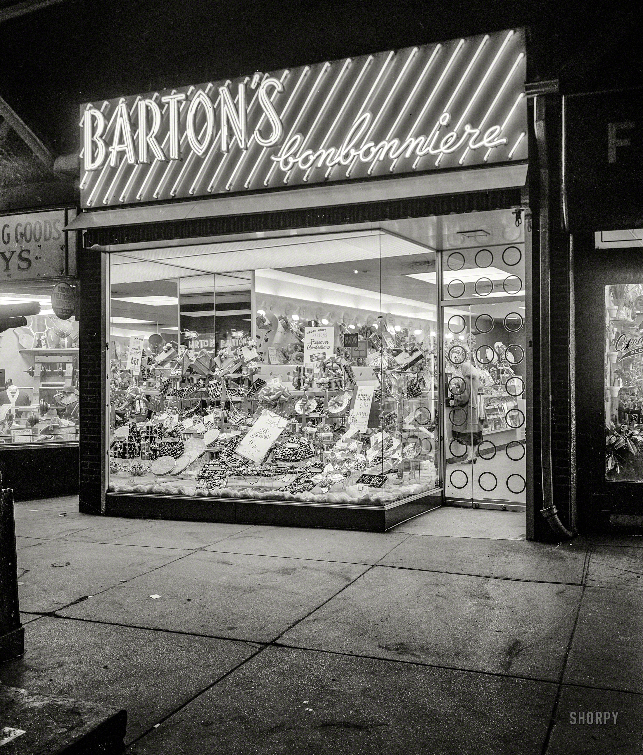 March 10, 1952. "Barton's Bonbonniere, Brighton Beach Avenue, Brooklyn." Large-format acetate negative by Gottscho-Schleisner. View full size.