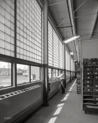 March 26, 1954. "Becton Dickinson & Co., Rutherford, New Jersey. Glass wall." Large-format acetate negative by Gottscho-Schleisner. View full size.