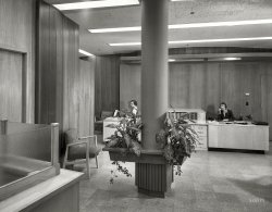 January 25, 1955. "Becton Dickinson Inc., Rutherford, New Jersey. Entrance toward double secretarial desk. Fellheimer & Wagner, client." Welcome to the cubist man-trap known as Executive Reception, where Miss Stellwagon presides over the Secretarial Lair. Please have a seat and we'll be right with you. 4x5 inch acetate negative by Gottscho-Schleisner. View full size.