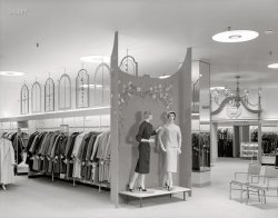 September 28, 1955. "Gimbel Brothers store in Cross County Center, Yonkers, New York. Divider between maternity and coats and suits. Raymond Loewy Associates, client." 4x5 inch acetate negative by Gottscho-Schleisner. View full size.