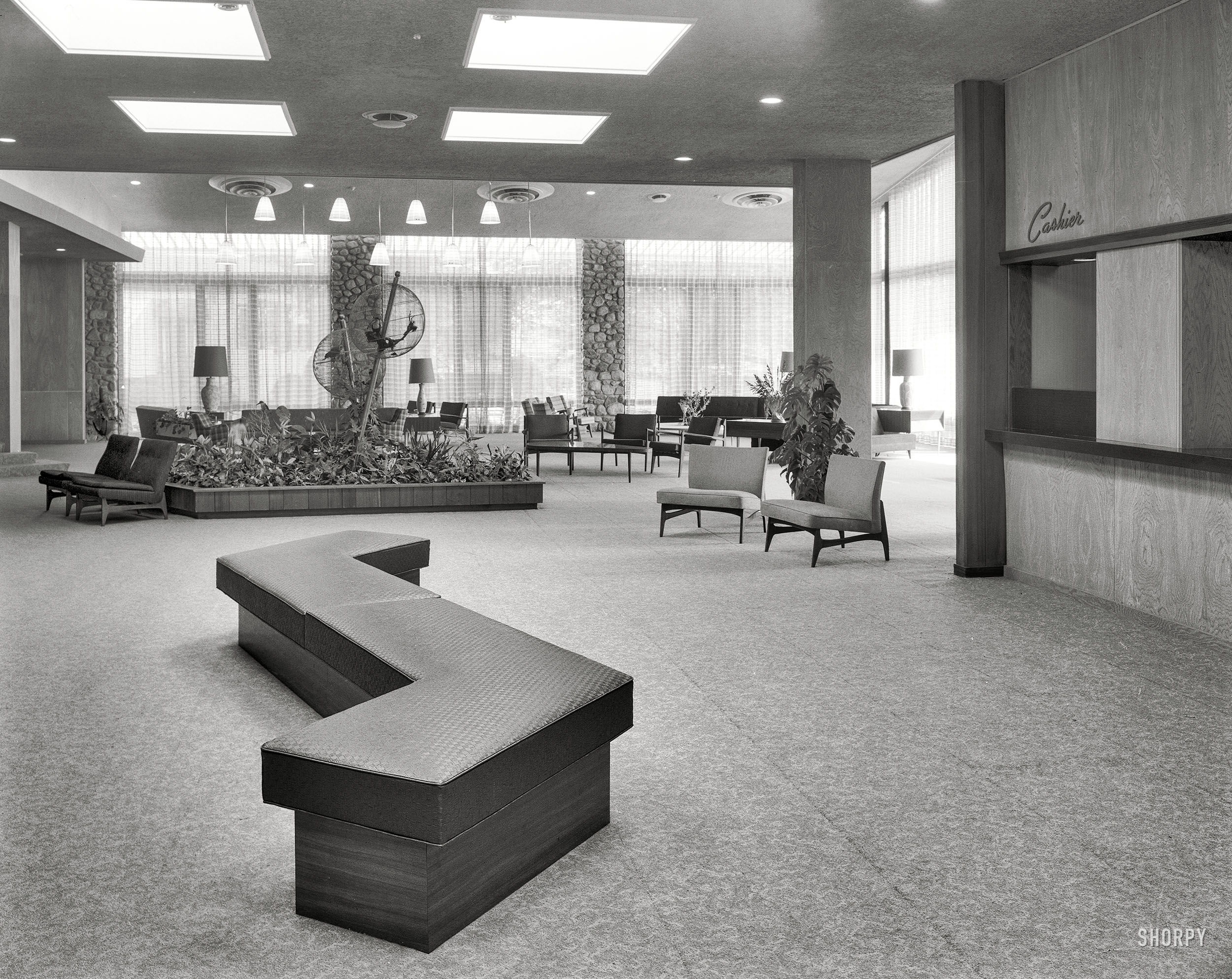 August 13, 1957. "Tamarack Lodge, Greenfield Park, New York. General view of lobby." Large-format acetate negative by Gottscho-Schleisner. View full size.