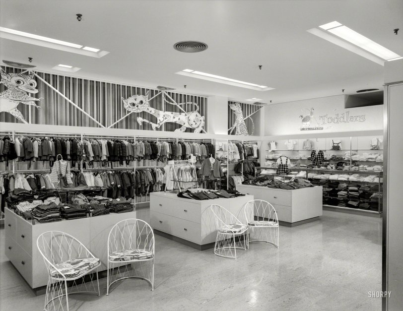 October 23, 1959. "Bloomingdale's in Hackensack, New Jersey. Clothing, children 1 to 3. Raymond Loewy, client." This, kids, is a department in a department store, a place people went back when "shopping" meant actually leaving the house. 4x5 inch acetate negative by Gottscho-Schleisner. View full size.
