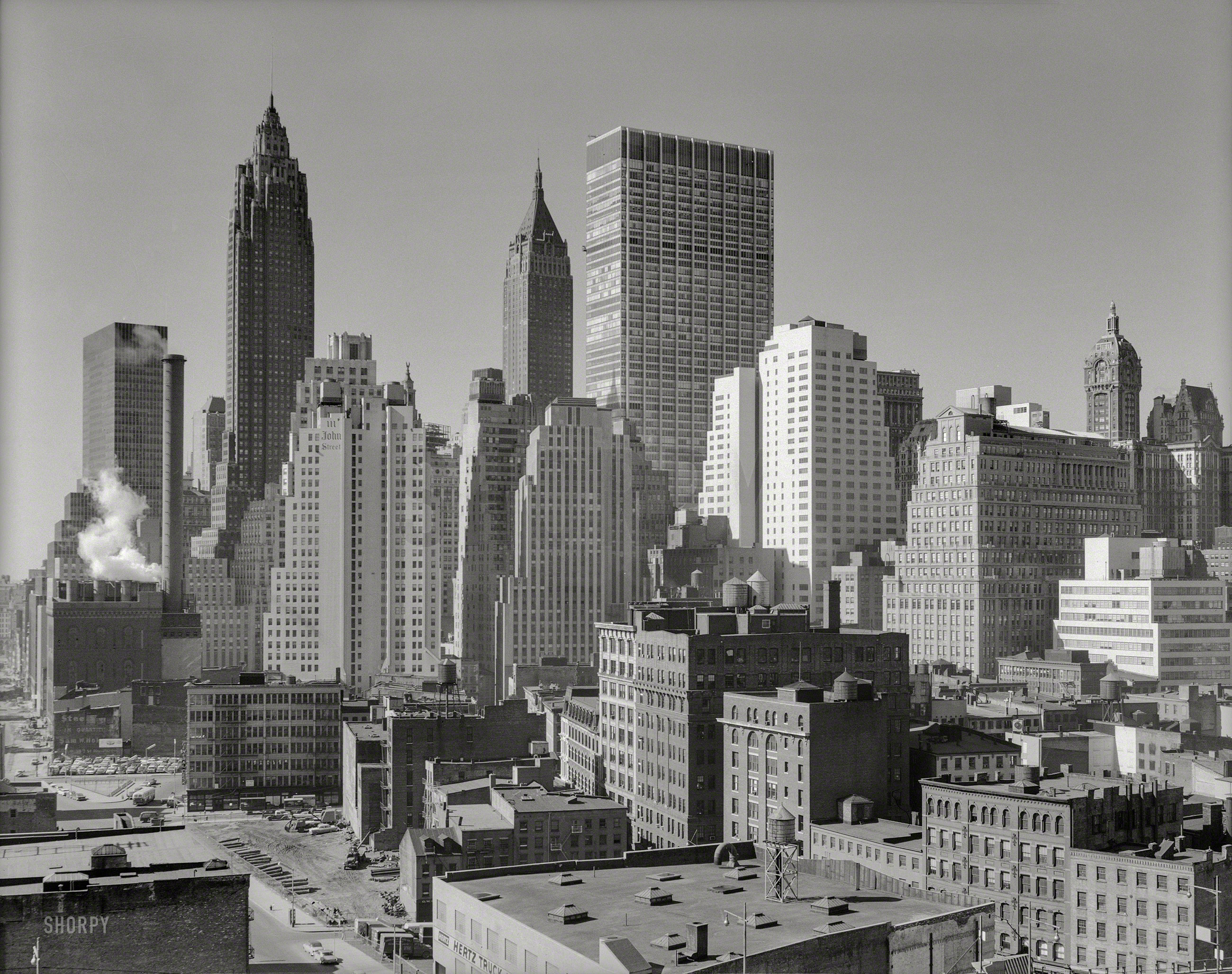 March 2, 1962. "New York City views. Downtown Manhattan skyline from the Al Smith houses." 4x5 acetate negative by Gottscho-Schleisner. View full size.
