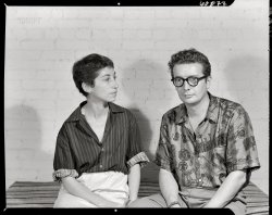 September 14, 1951. "Tillett residence, 170 E. 80th Street, New York City. Mr. and Mrs. on couch." The influential textile designers D.D. (Doris Doctorow) and Leslie Tillett. 4x5 inch acetate negative by Gottscho-Schleisner. View full size.