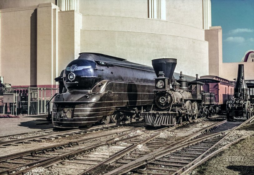 "New York World's Fair (1939-40) railroad exhibit. Historic locomotives at Court of Railways." 35mm color transparency by Gottscho-Schleisner. View full size.
