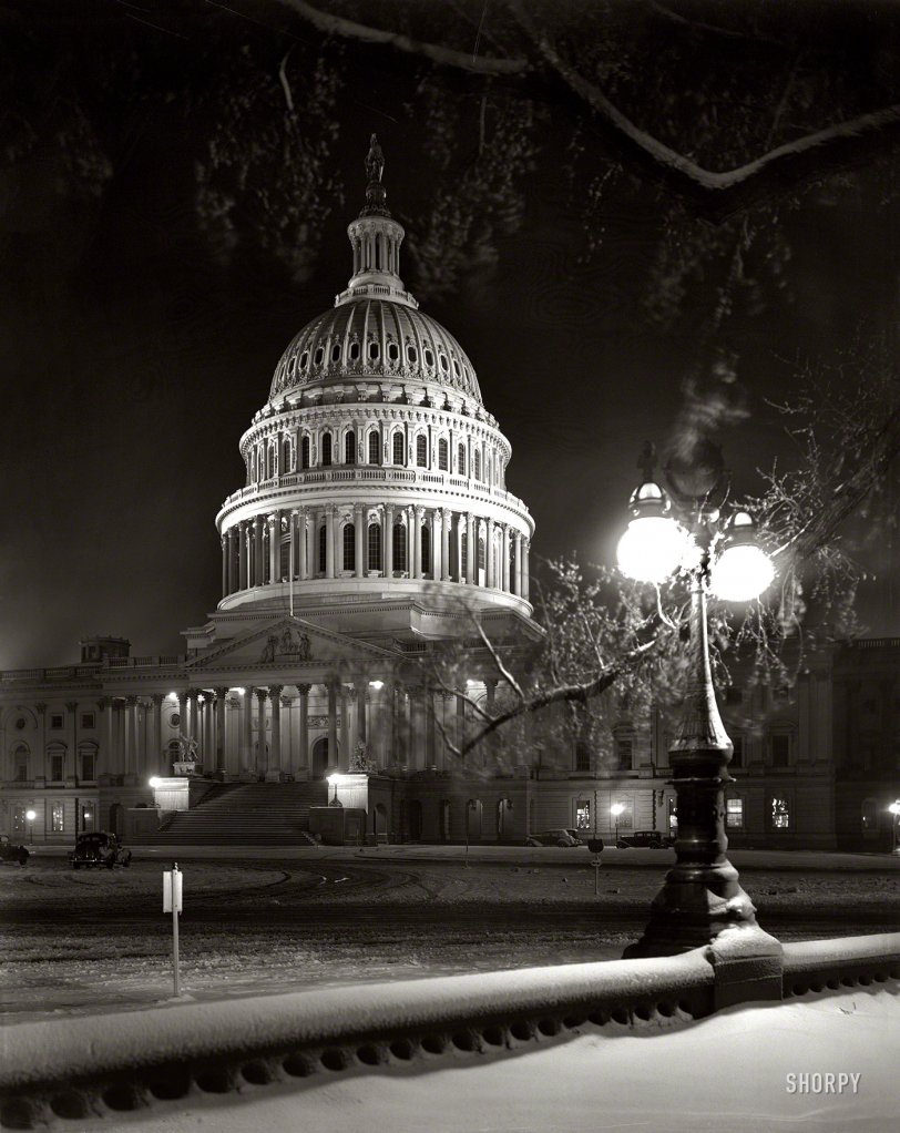Circa 1940. "Washington snow scenes. U.S. Capitol, East Front, at night in winter." 8x10 inch safety negative by Theodor Horydczak.  View full size.

