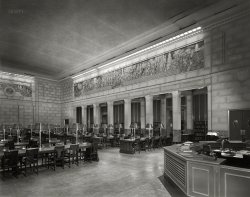 &nbsp; &nbsp; &nbsp; &nbsp; Enlighten the people generally, and tyranny and oppression of body and mind will vanish like evil spirits at the dawn of day.
-- Thomas Jefferson
Washington, D.C., circa 1950. "Thomas Jefferson Reading Room, Adams Building, Library of Congress." 8x10 negative by Theodor Horydczak. View full size.