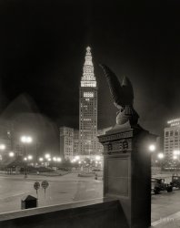 Cleveland circa 1931. "View of Terminal Tower at night, with eagle on right." 8x10 inch acetate negative by Theodor Horydczak.  View full size.