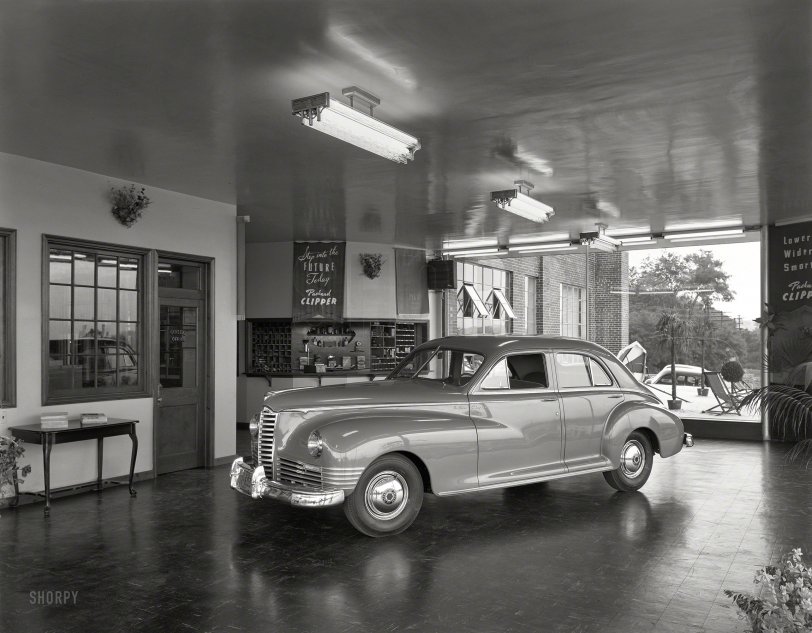 September 12, 1946. Washington, D.C. "Showroom at Superior Motors. Client: Griffith-Consumers Co." Step into the FUTURE today with the Packard Clipper! 8x10 acetate negative by Theodor Horydczak. View full size.