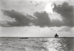 Chesapeake Bay (Maryland) ca. 1950. "Water scenes. Boat in foreground, lighthouse in distance. Made for Mr. Sharpe of Potomac Electric Power Co." Ragged Point Light in the Potomac River. 5x7 inch nitrate negative by Theodor Horydczak. View full size.
