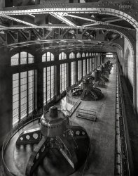 Maryland circa 1930. "Conowingo Hydroelectric Plant. Turbine hall, seven turbines in Line II." 8x10 nitrate negative by Theodor Horydczak.  View full size.