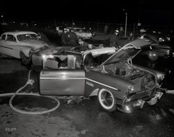 Oakland, California, circa 1958. "Collision and fire." A 1956 Chevrolet Bel Air carbecue. 4x5 acetate negative from the News Archive. View full size.